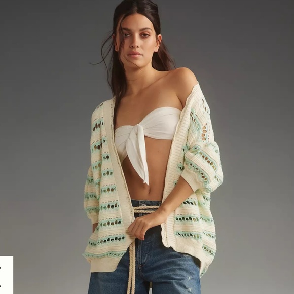 Maeve Anthropologie open stitch Cream Blue Knit cocoon Cardigan size M/L